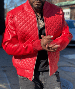 Men Quilted Casual Varsity Red Bomber Leather Jacket