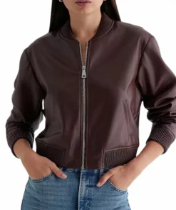 Womens Maroon Leather Bomber Jacket