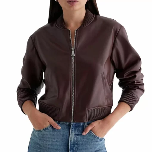 Womens Maroon Leather Bomber Jacket