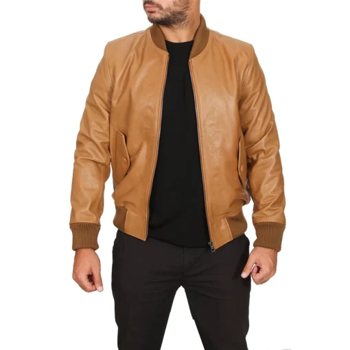 Tan Leather Jacket for Men – Rib-Knitted