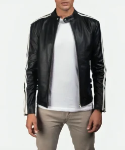 Mens White Striped Leather Cafe Racer Jacket