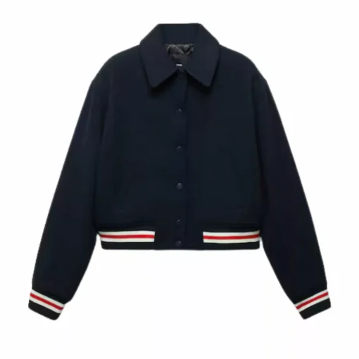 Women Blue Woolen Bomber Varsity Jacket