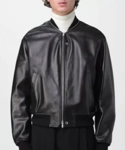 Black Zip Up Bomber Leather Jacket for Men