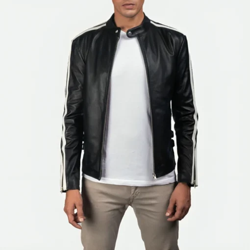 Mens White Striped Leather Cafe Racer Jacket