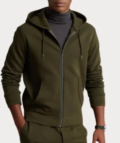 Mens Dark Green Full Zip Long Sleeved Hoodie