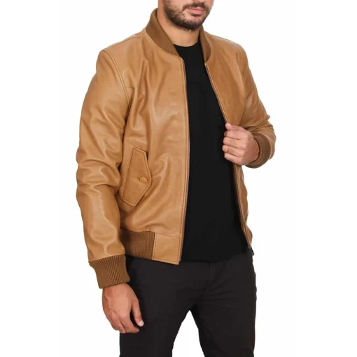 Tan Leather Jacket for Men – Rib-Knitted