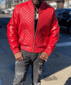 Men Quilted Casual Varsity Red Bomber Leather Jacket