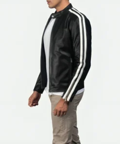 Mens White Striped Leather Cafe Racer Jacket
