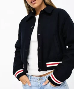 Women Blue Woolen Bomber Varsity Jacket