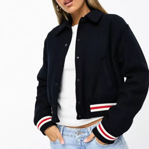 Women Blue Woolen Bomber Varsity Jacket