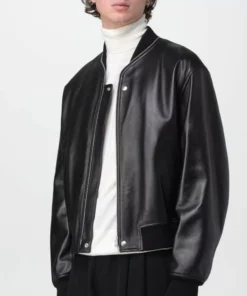 Black Zip Up Bomber Leather Jacket for Men