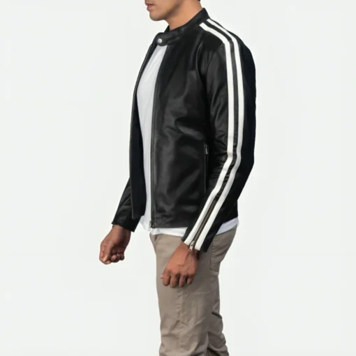 Mens White Striped Leather Cafe Racer Jacket