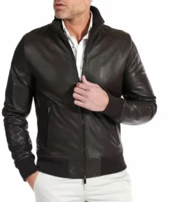 Chocolate Brown Leather Bomber Jacket for Men