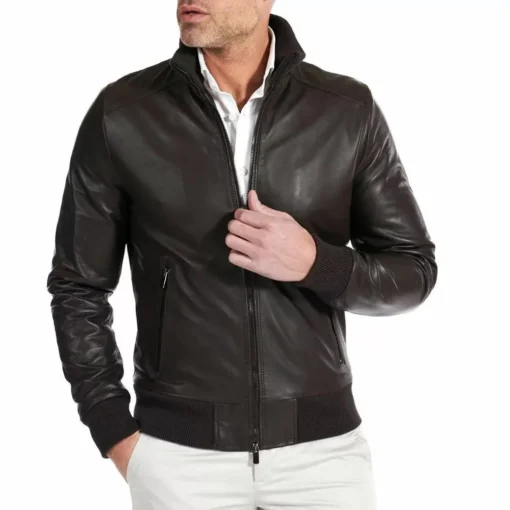 Chocolate Brown Leather Bomber Jacket for Men