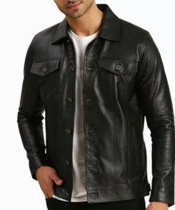 Alex Black Real Leather Trucker Jacket