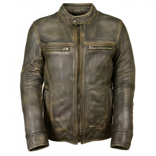 Mens Brown Cafe Racer Genuine Distressed Leather Jacket