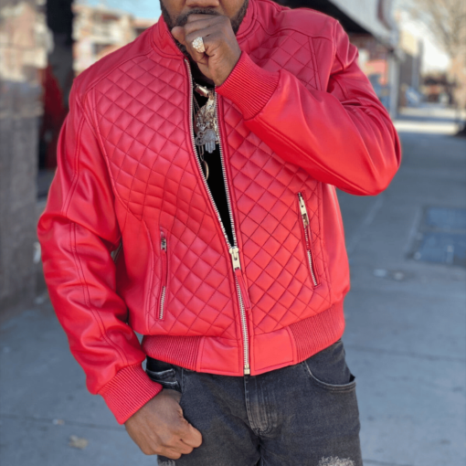 Men Quilted Casual Varsity Red Bomber Leather Jacket