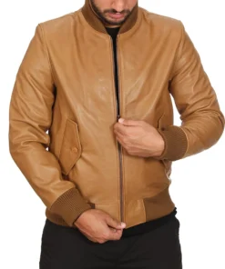 Tan Leather Jacket for Men – Rib-Knitted
