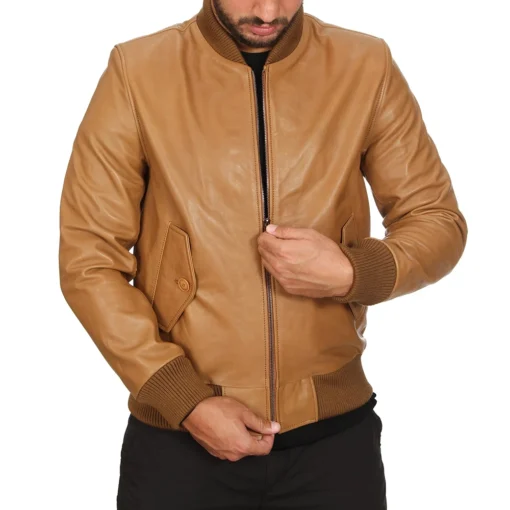 Tan Leather Jacket for Men – Rib-Knitted