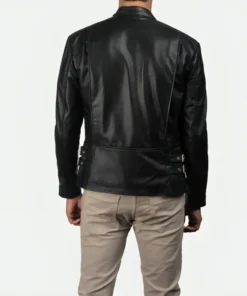 Mens White Striped Leather Cafe Racer Jacket