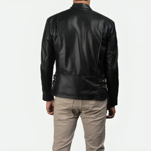 Mens White Striped Leather Cafe Racer Jacket