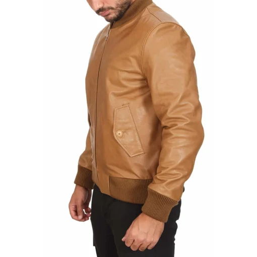 Tan Leather Jacket for Men – Rib-Knitted