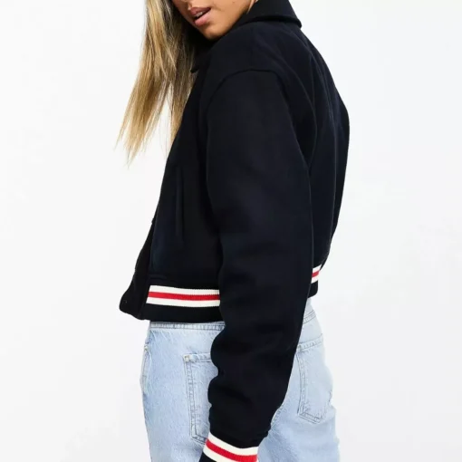 Women Blue Woolen Bomber Varsity Jacket