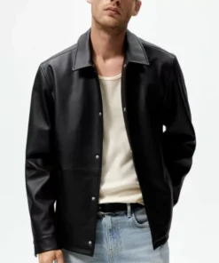 Mens Black Shirt Collar Leather Jacket