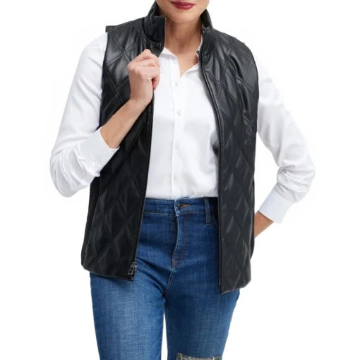 Evie Black Quilted Leather Vest For Women