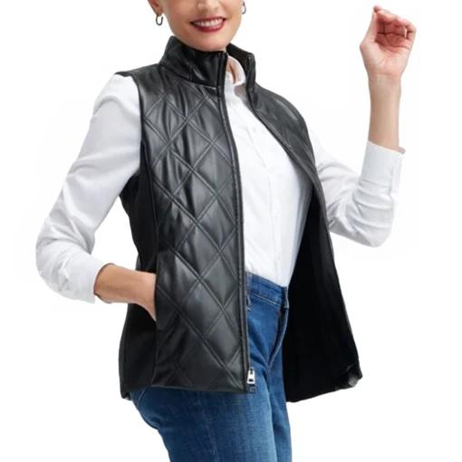 Evie Black Quilted Leather Vest For Women