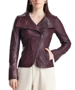 Womens Eggplant Maroon Wide Collar Leather Biker Jacket