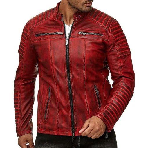 Vintage Motorcycle Cafe Racer Red Distressed Leather Jacket