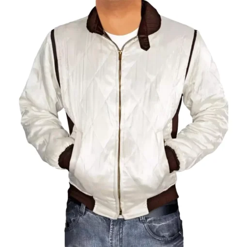 Mens White Satin Quilted Ryan Gosling Drive Jacket