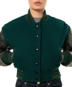 Women’s Green Cropped Varsity Bomber Jacket