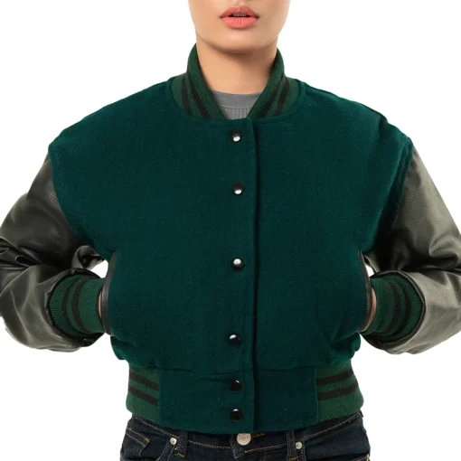 Women’s Green Cropped Varsity Bomber Jacket