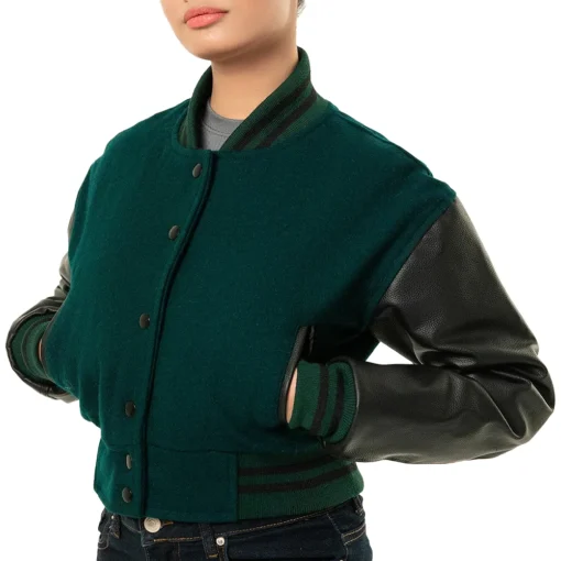 Women’s Green Cropped Varsity Bomber Jacket