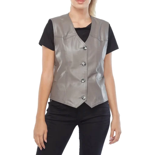 Lilly V-Neck Gray Leather Vest