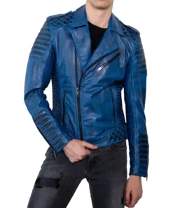 Blue Quilted Leather Jacket