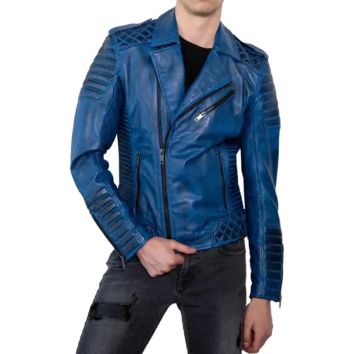 Blue Quilted Leather Jacket