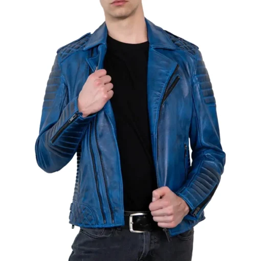 Blue Quilted Leather Jacket