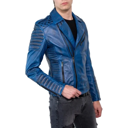 Blue Quilted Leather Jacket