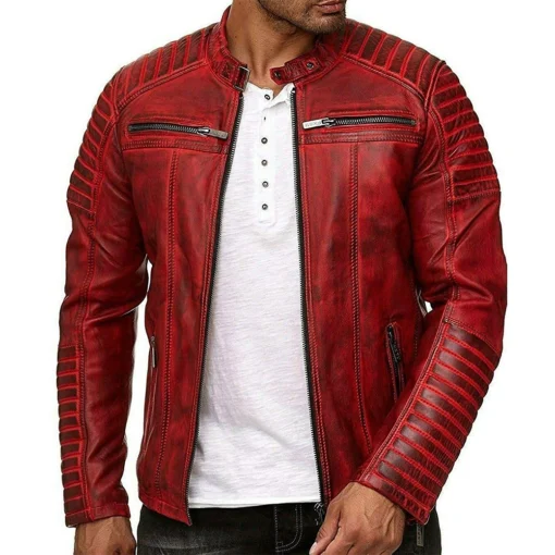 Vintage Motorcycle Cafe Racer Red Distressed Leather Jacket