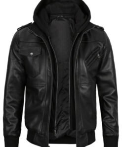 Mens Black Leather Hooded Jacket