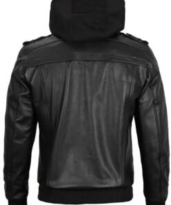 Mens Black Leather Hooded Jacket