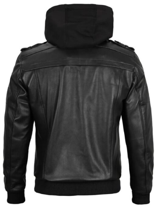 Mens Black Leather Hooded Jacket