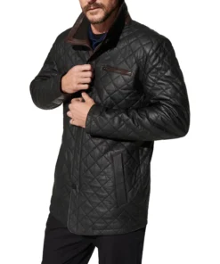 Mens Black Diamond Quilted Leather Coat