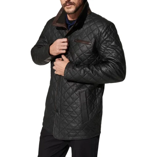 Mens Black Diamond Quilted Leather Coat