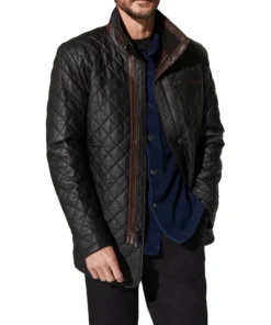 Mens Black Diamond Quilted Leather Coat
