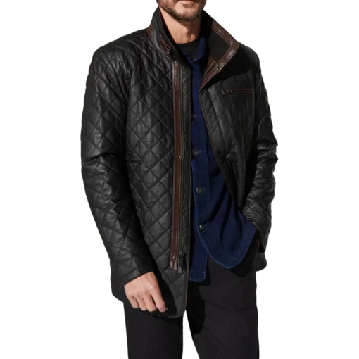 Mens Black Diamond Quilted Leather Coat