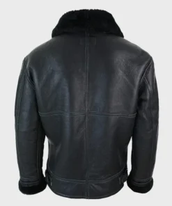 Black Shearling Leather Jacket with Collar Winter Warm Jacket